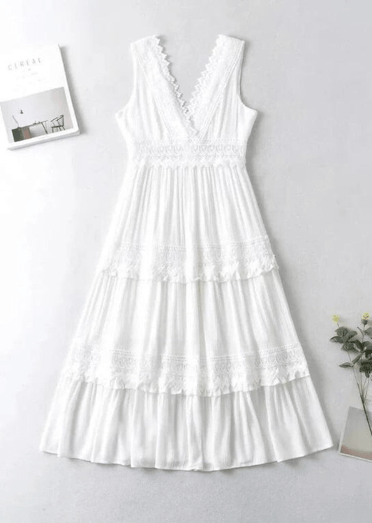 WW | Elegant Women's Maxi Dress With Lace V-Neck White Dress