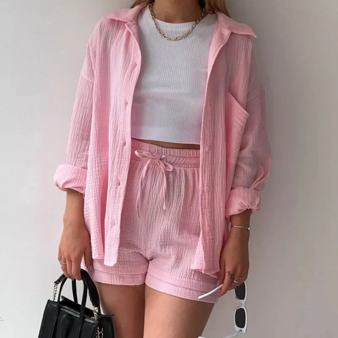 Elara | Weiches Baumwoll-Set aus Hemd und Shorts