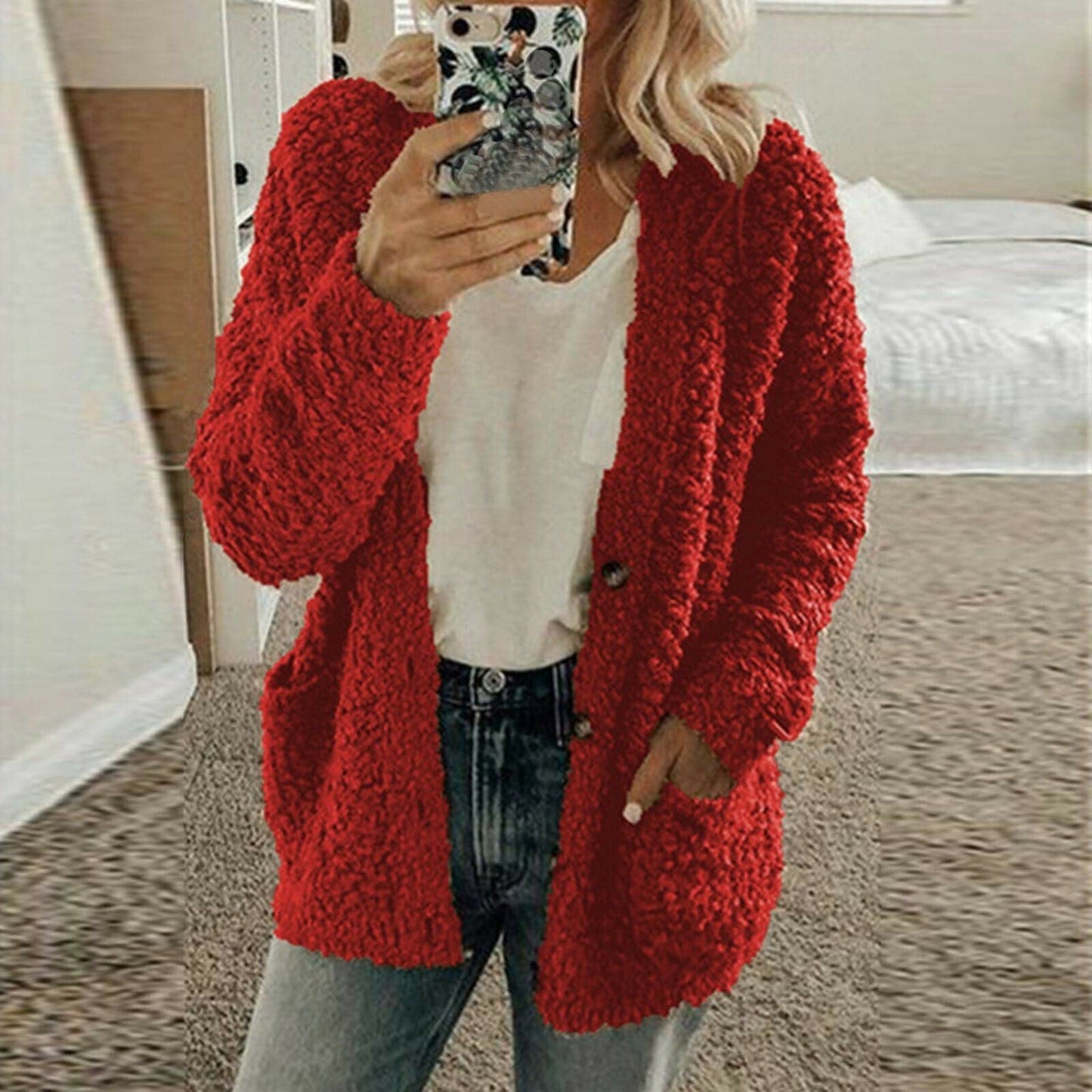 WW | Strickjacke Wolle Übergroß Fit Grobstrick Offene Vorderseite Mit Knöpfen