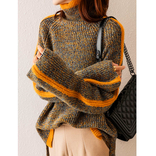 WW Sweater | Elegant, oversized turtleneck sweater with orange stripe for women