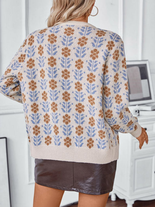 WW | Strickjacke Gestrickt Blumenmuster Lockere Passform Knöpfe Rundhals