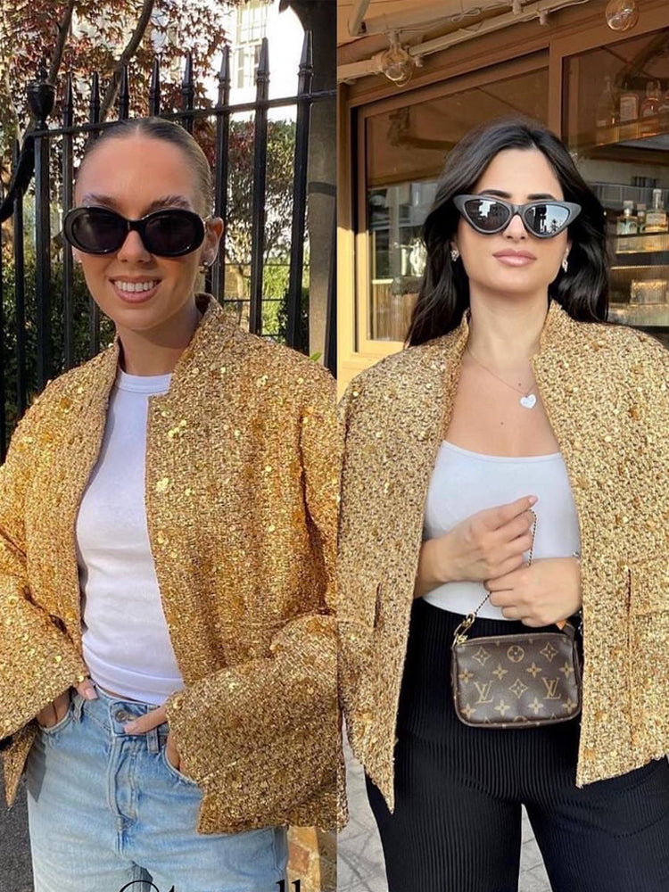 WW | Damen Bomberjacke mit goldenen Pailletten und relaxed Fit für Party- oder Freizeitgebrauch