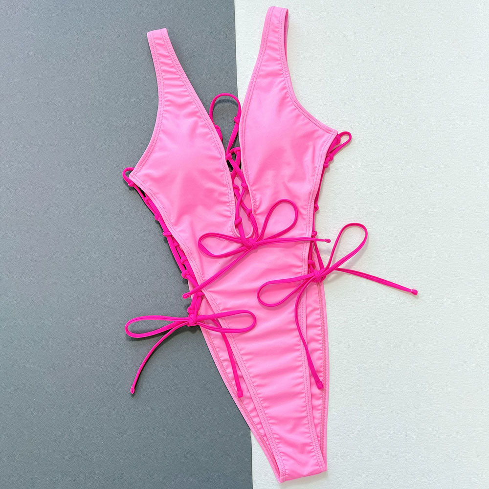 WW | Sexy Kontrastfarbe Hochbeinige Schnürung Tiefer V-Brasilianischer Einteiler Badeanzug