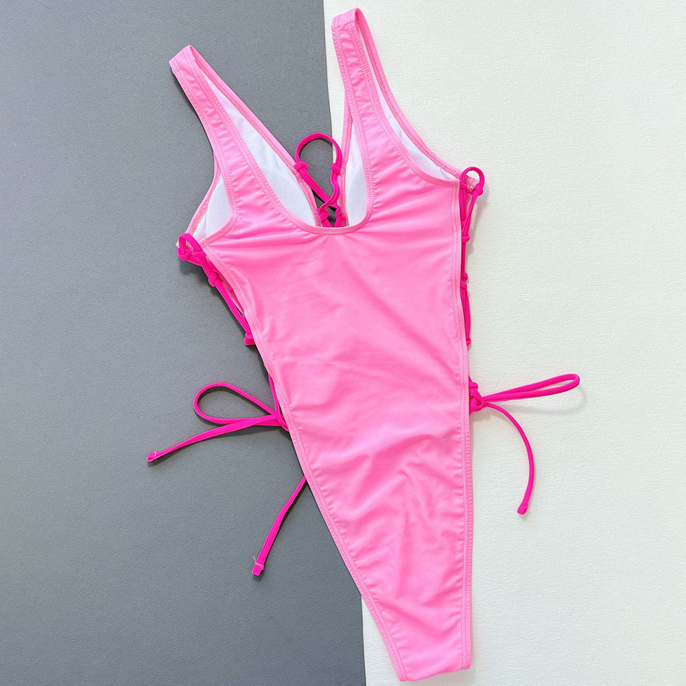 WW | Sexy Kontrastfarbe Hochbeinige Schnürung Tiefer V-Brasilianischer Einteiler Badeanzug