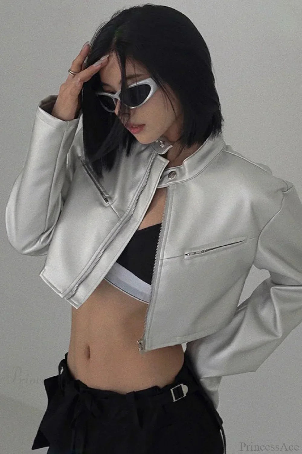 WW | Funnel Neck Snap Leder Kurzjacke