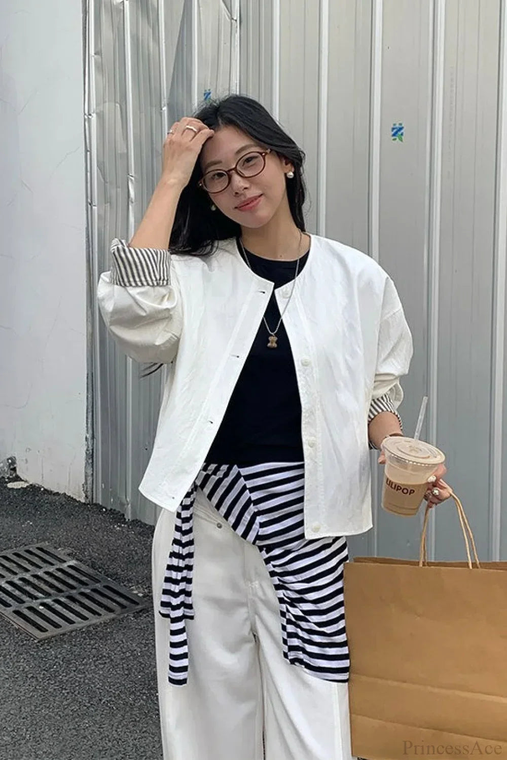 WW | Gestreifter Ärmel Patchwork Freizeitjacke