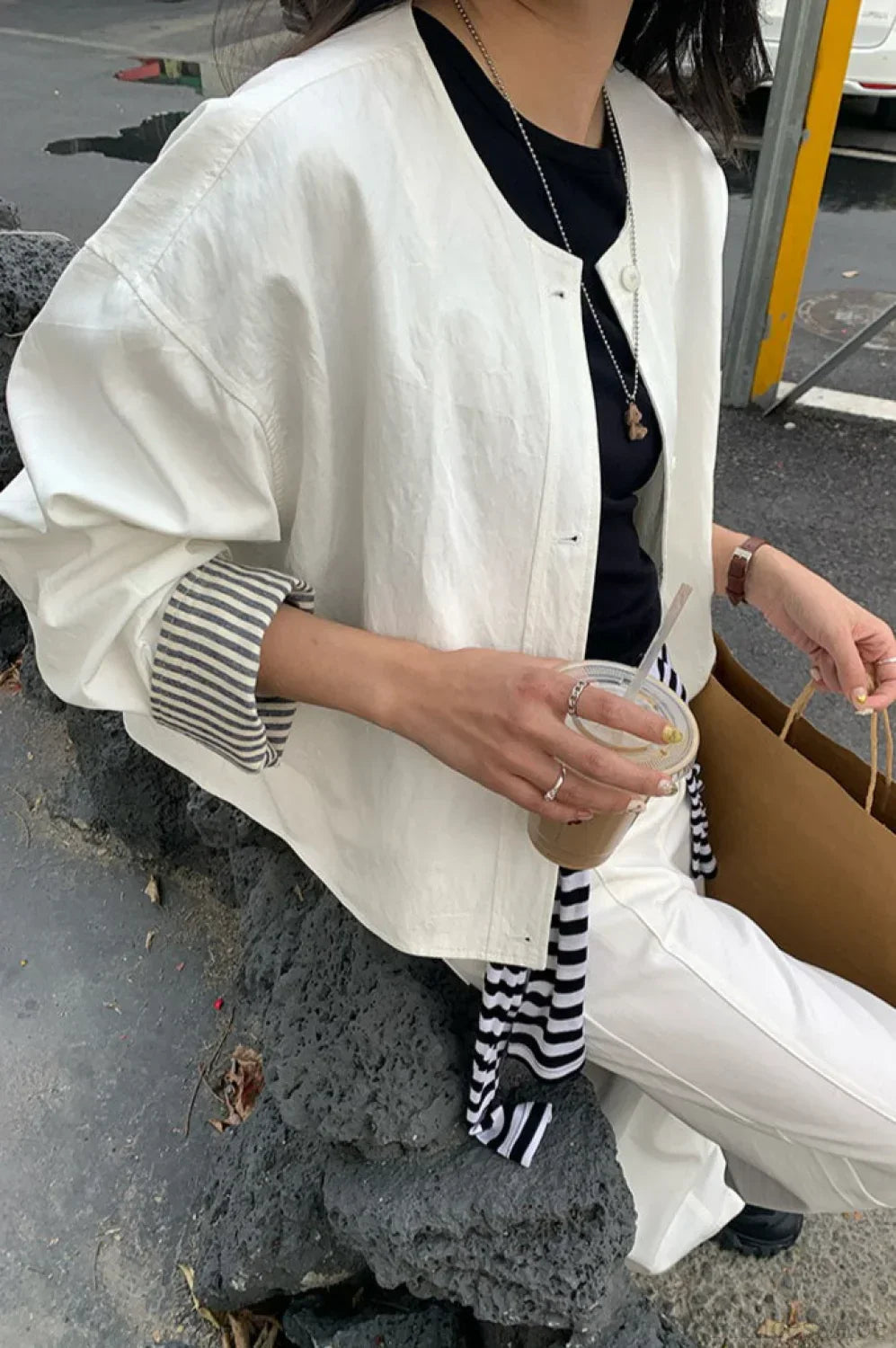 WW | Gestreifter Ärmel Patchwork Freizeitjacke