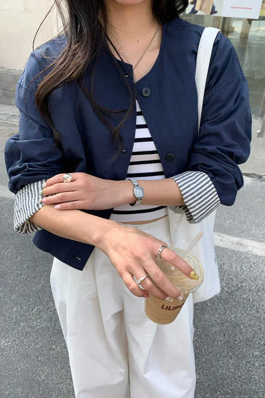WW | Gestreifter Ärmel Patchwork Freizeitjacke