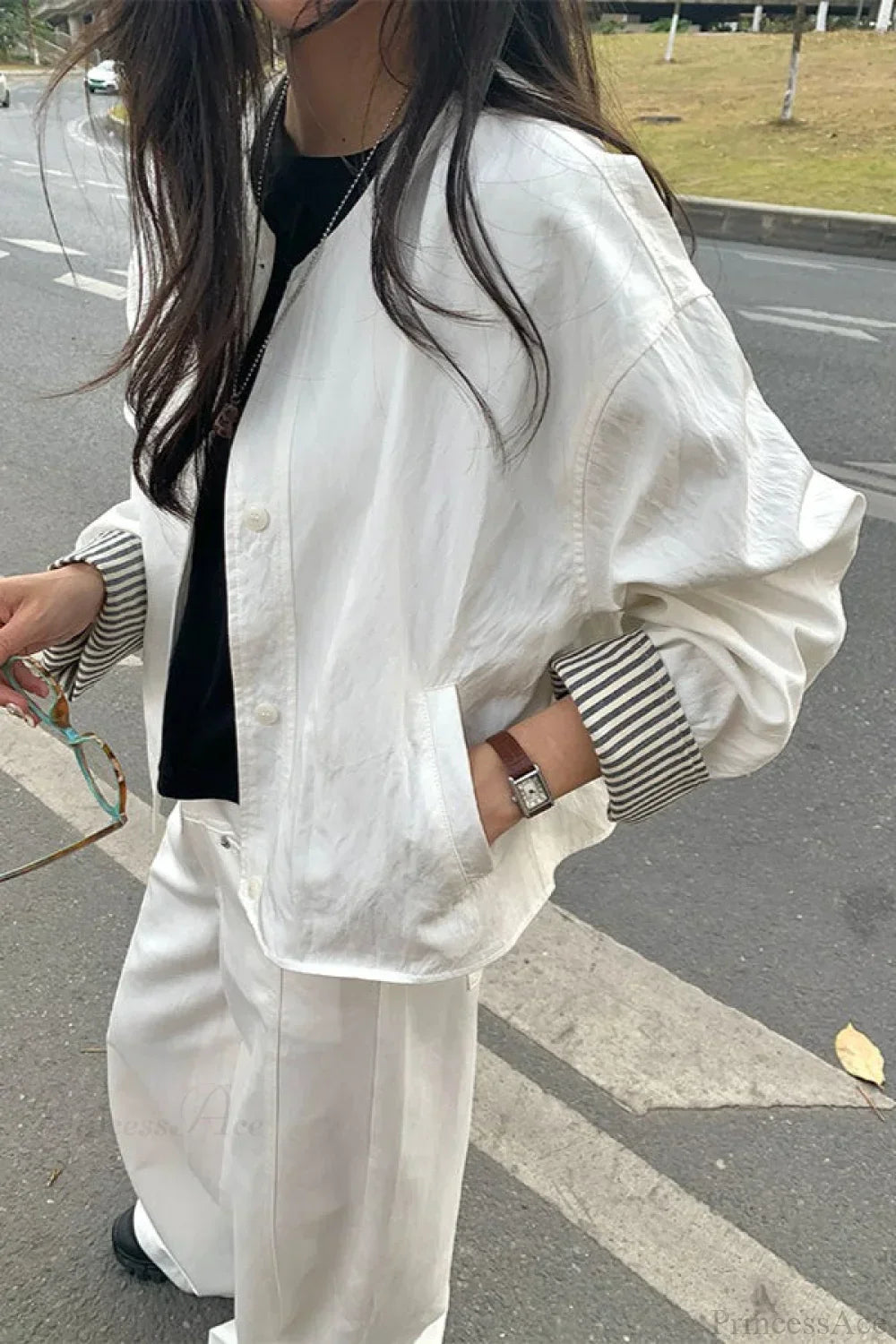 WW | Gestreifter Ärmel Patchwork Freizeitjacke