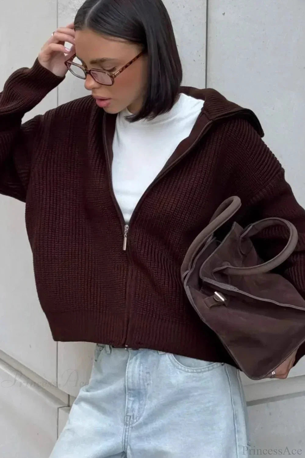 WW | Einfacher Reißverschluss Cardigan Lässig Lockere Strickjacke