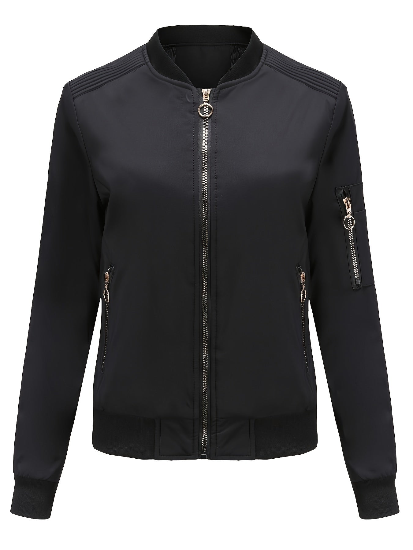 WW | Solid Polyester Baseball Collar Bomber Jacket with Zipper Pocket