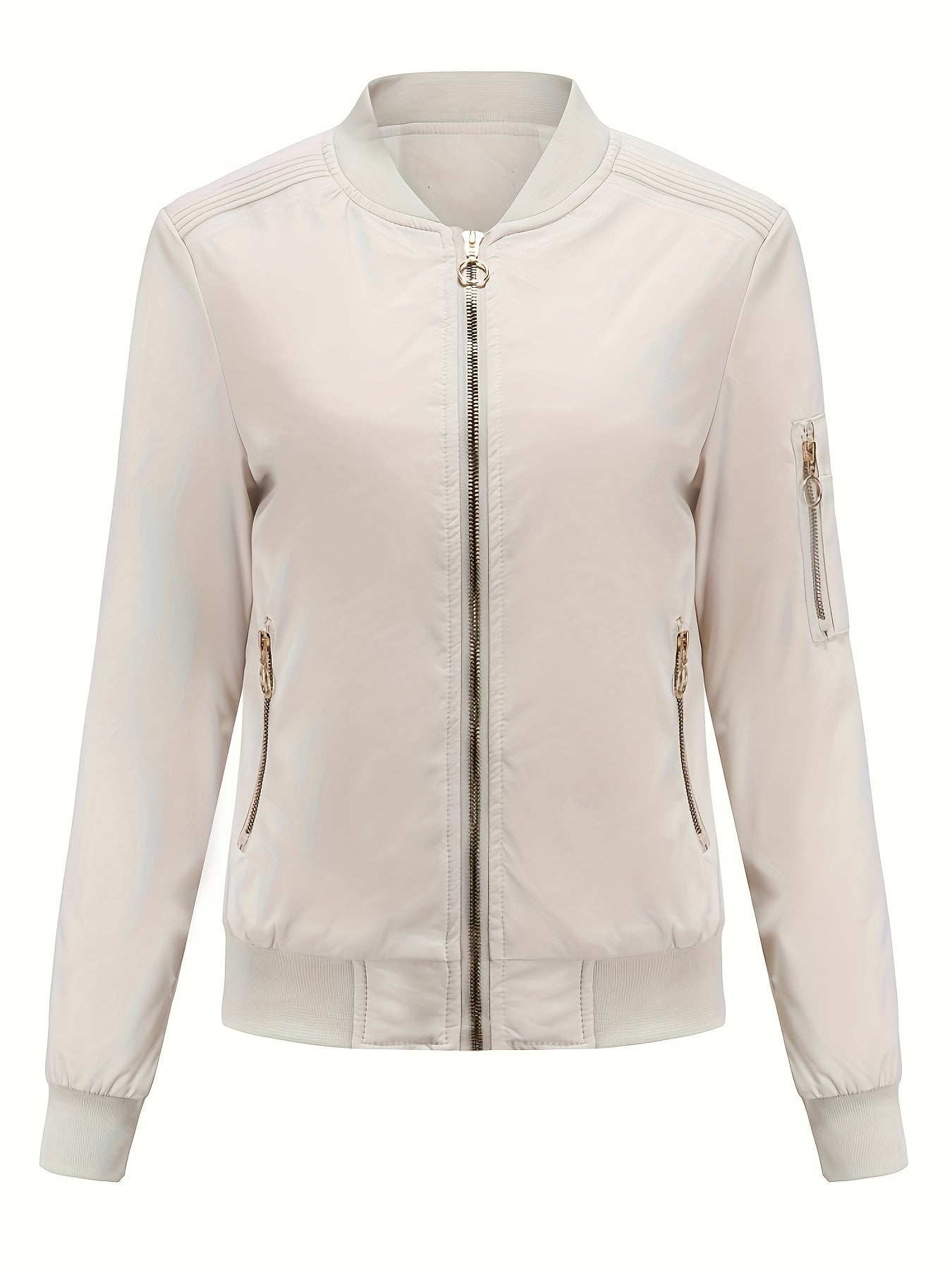 WW | Solid Polyester Baseball Collar Bomber Jacket with Zipper Pocket