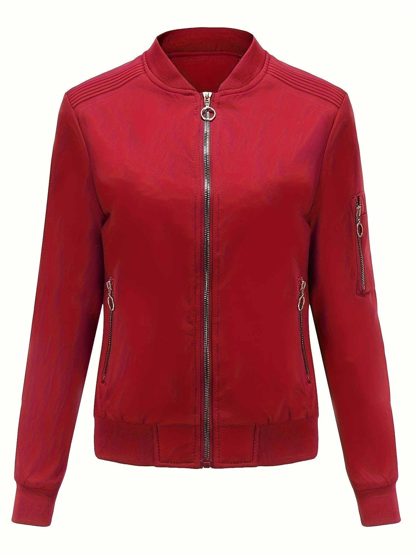 WW | Solid Polyester Baseball Collar Bomber Jacket with Zipper Pocket
