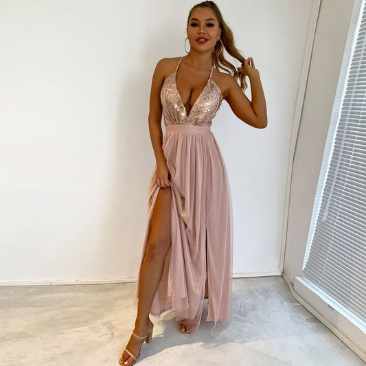 WW | Glittering Sequin Panel Mesh Deep V-Backless Evening Maxi Dress