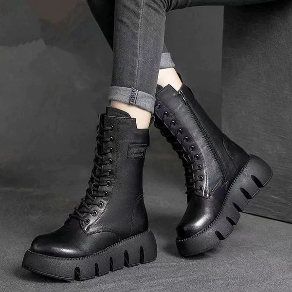 WW | Leder Stiefeletten mit Plateau und Reißverschluss für Damen - Ideal für Alltag