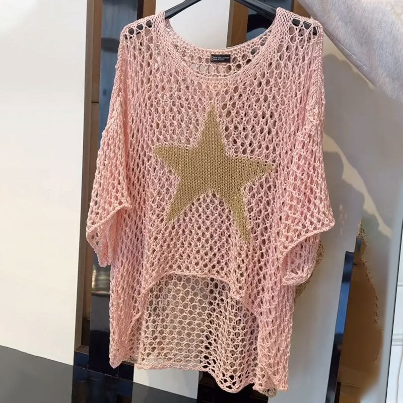 WW | Women's Round Neck Crochet Knit Mesh Top