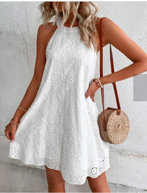 WW | Sommer Frauen O-Ausschnitt Sexy Schmal Weiß Mini Kleid