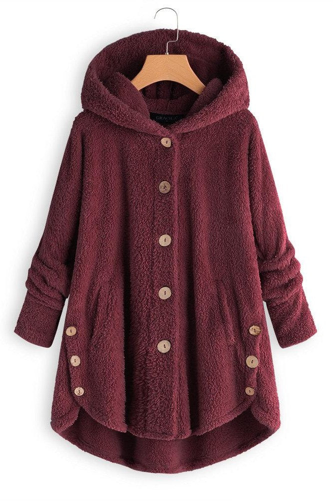 WW | Damen Kapuzenmantel – Oversized Passform – Plüschstruktur – Knopfleiste – Mittellang Casual