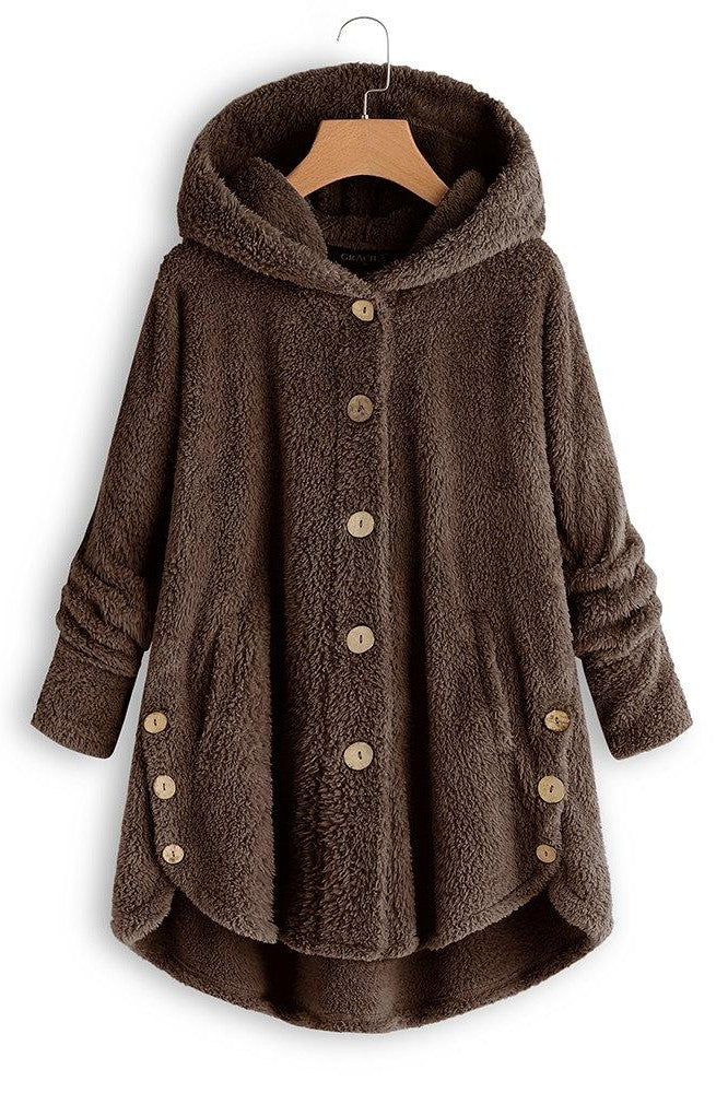WW | Damen Kapuzenmantel – Oversized Passform – Plüschstruktur – Knopfleiste – Mittellang Casual