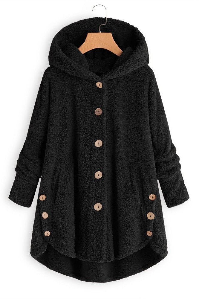 WW | Damen Kapuzenmantel – Oversized Passform – Plüschstruktur – Knopfleiste – Mittellang Casual