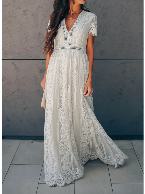 WW | Lange Spitzenkleid mit Kurzen Ärmeln und V-Ausschnitt
