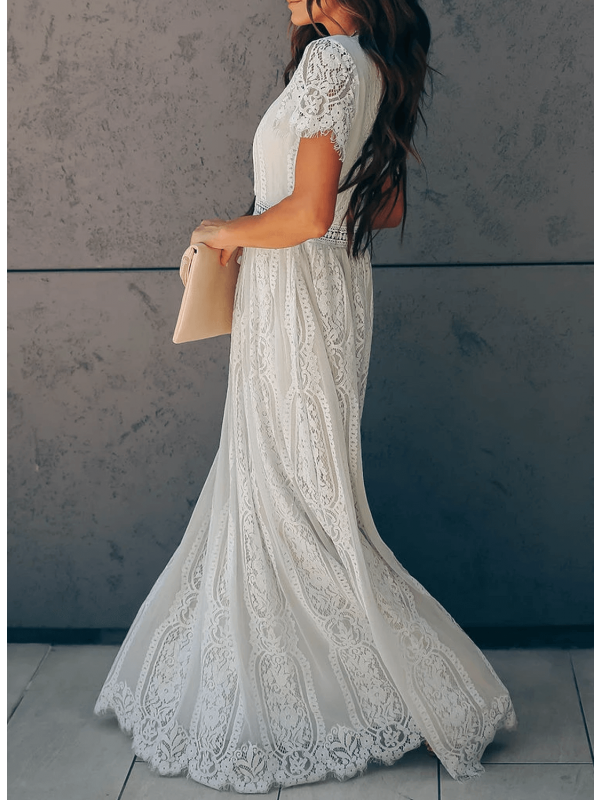 WW | Lange Spitzenkleid mit Kurzen Ärmeln und V-Ausschnitt