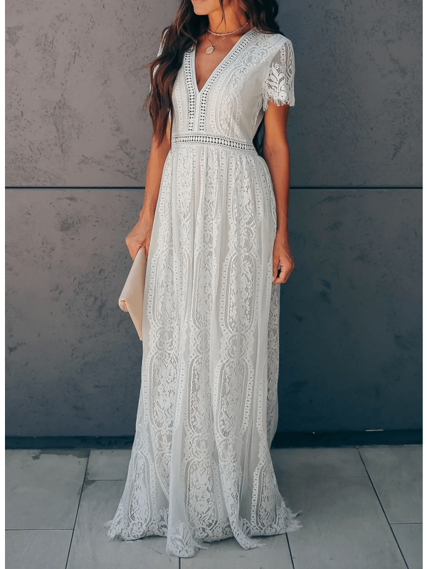 WW | Lange Spitzenkleid mit Kurzen Ärmeln und V-Ausschnitt