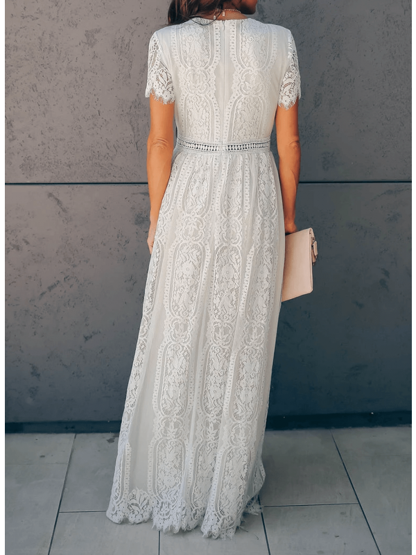 WW | Lange Spitzenkleid mit Kurzen Ärmeln und V-Ausschnitt