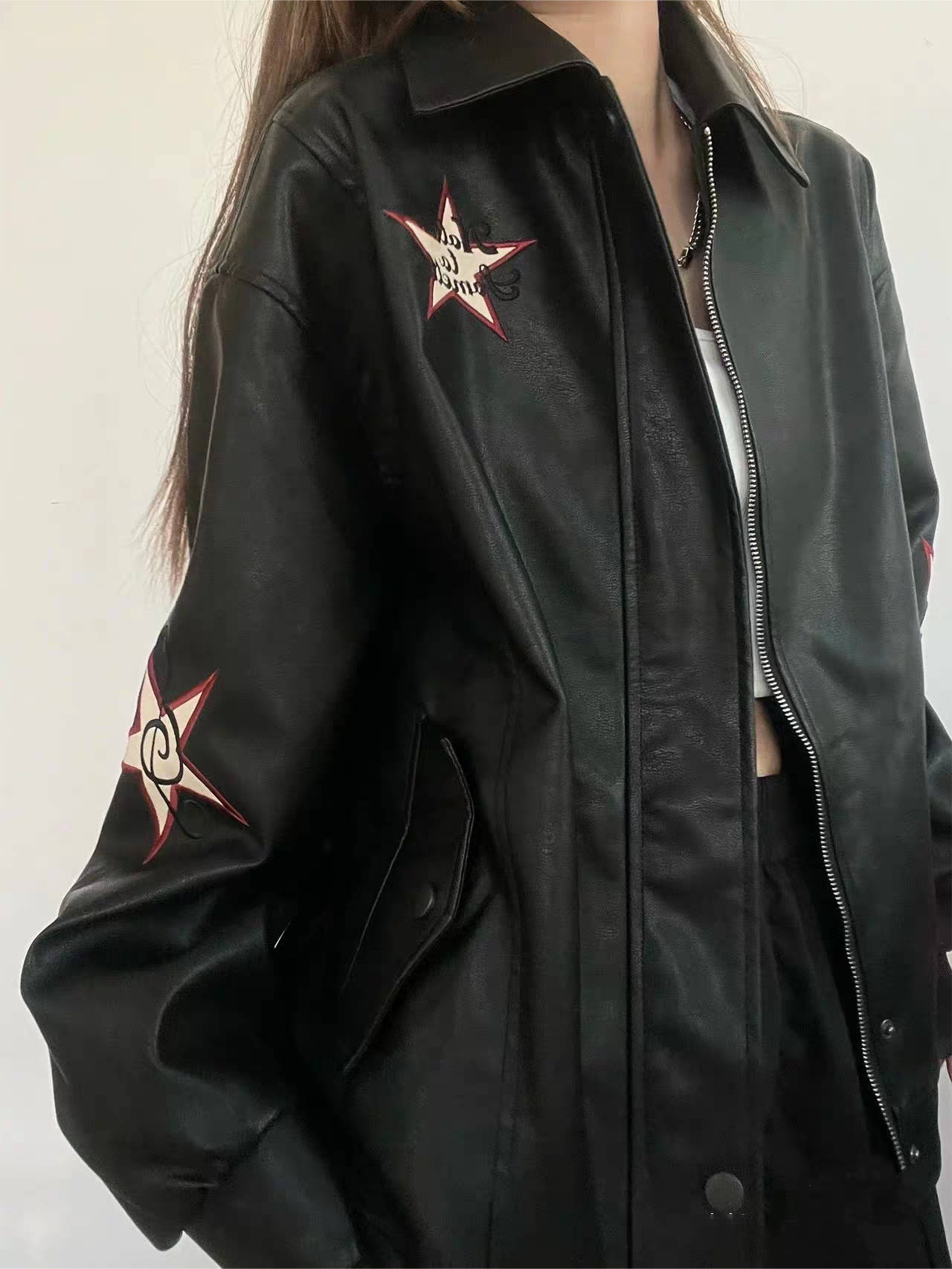 WW | Leather jacket with lapel collar and embroidery