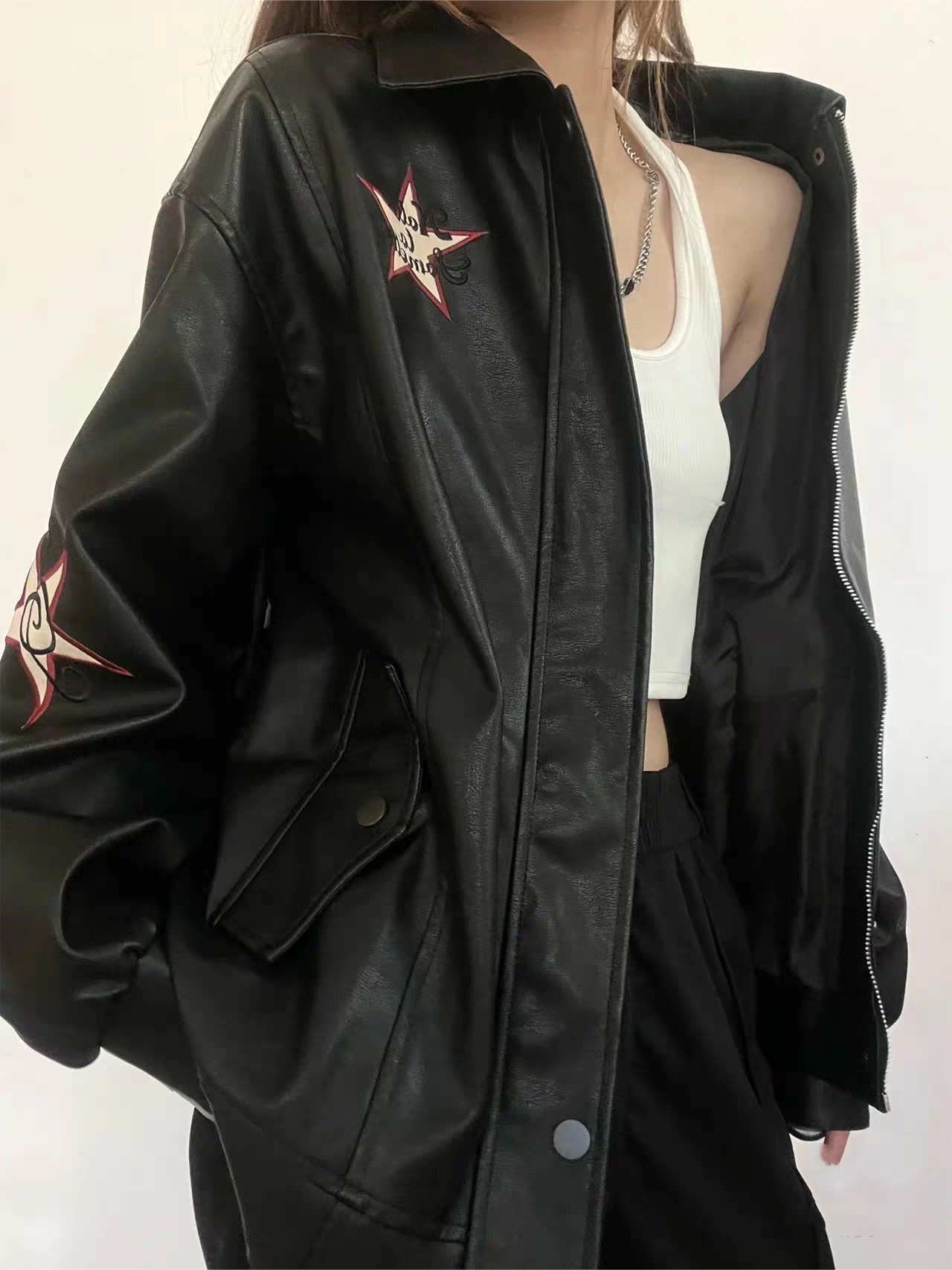 WW | Leather jacket with lapel collar and embroidery