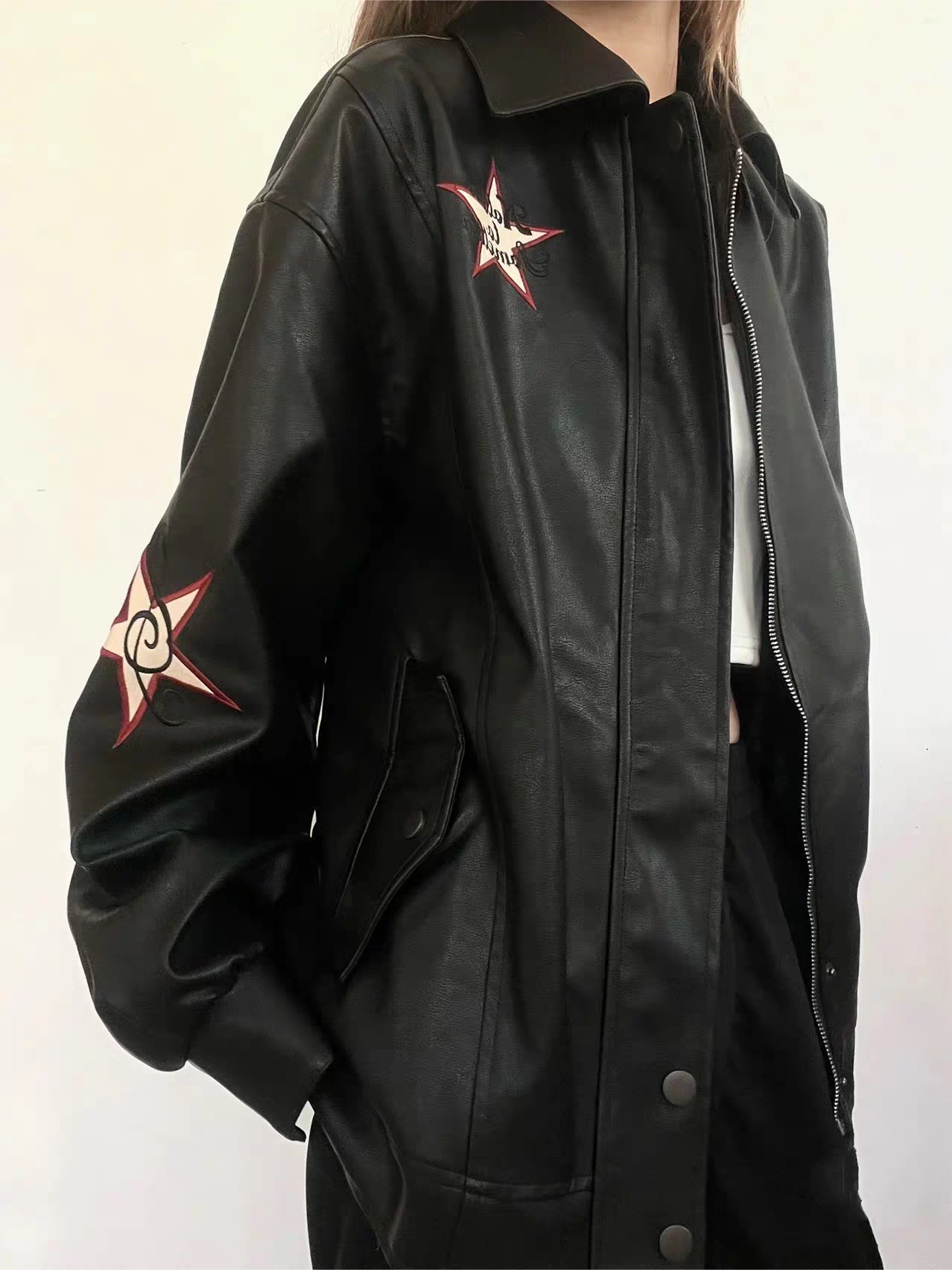 WW | Leather jacket with lapel collar and embroidery