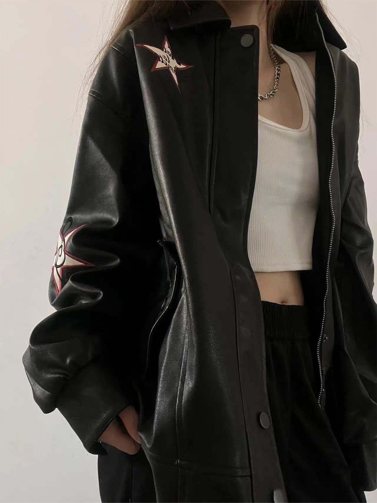 WW | Leather jacket with lapel collar and embroidery