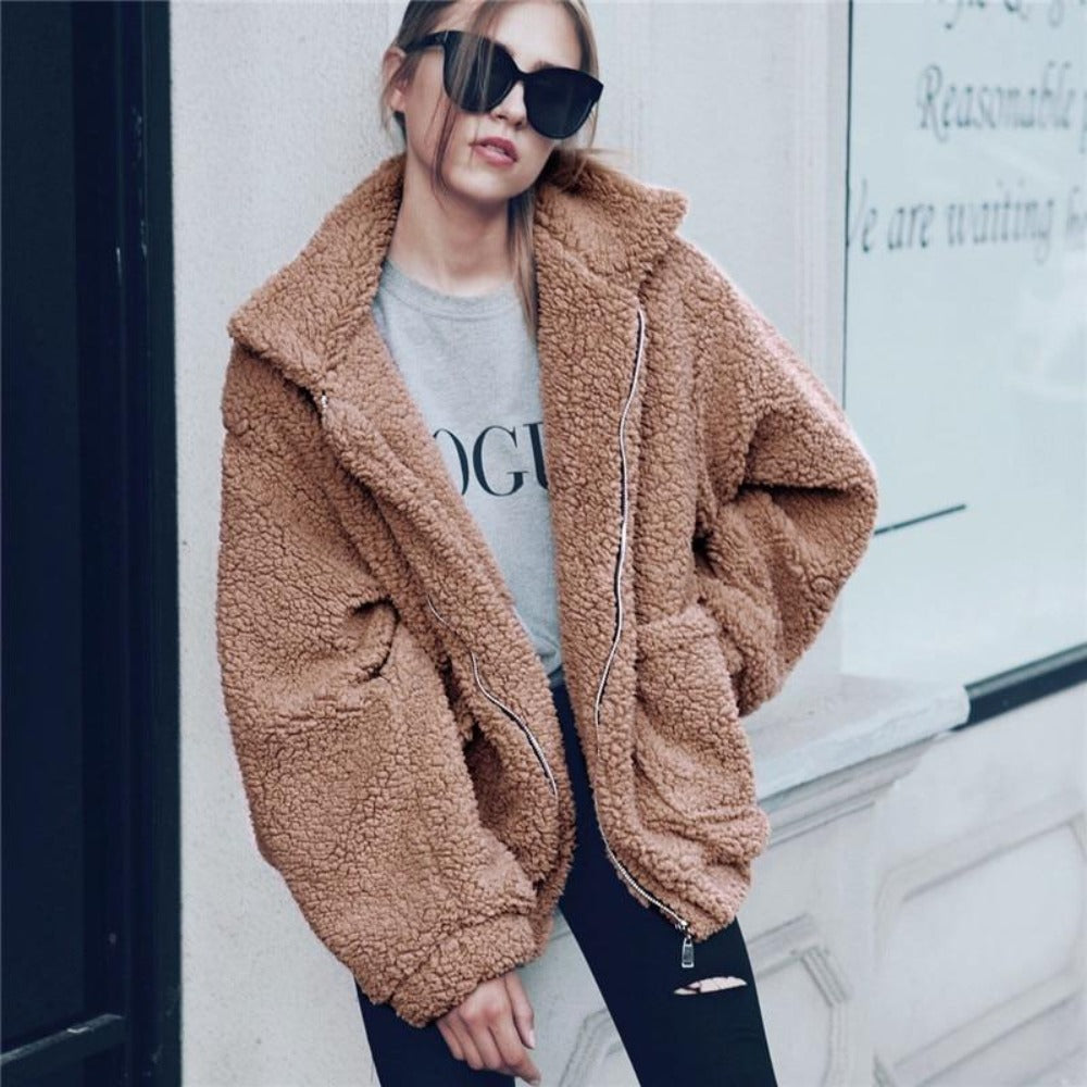 WW | Women's Coat – Oversized Fit – Plush Fleece – Front Zip – Side Pockets – Casual Wear