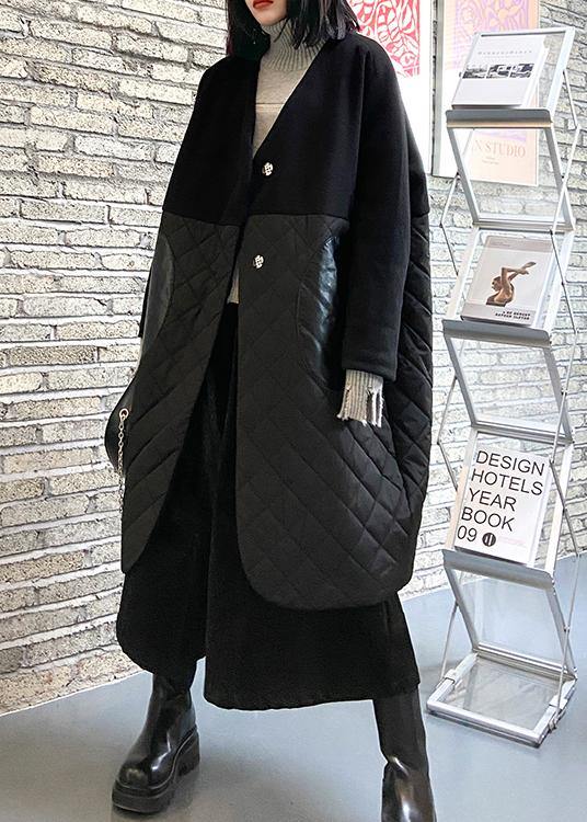WW | schwarzer Übermantel Kleidung Daunenjacke V-Ausschnitt Patchwork Wintermäntel