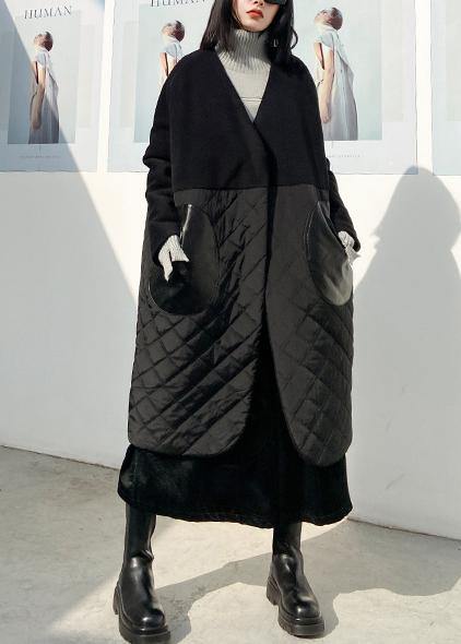 WW | Black Overcoat Clothing Down Jacket V-neck Patchwork Winter Coats