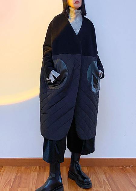 WW | schwarzer Übermantel Kleidung Daunenjacke V-Ausschnitt Patchwork Wintermäntel
