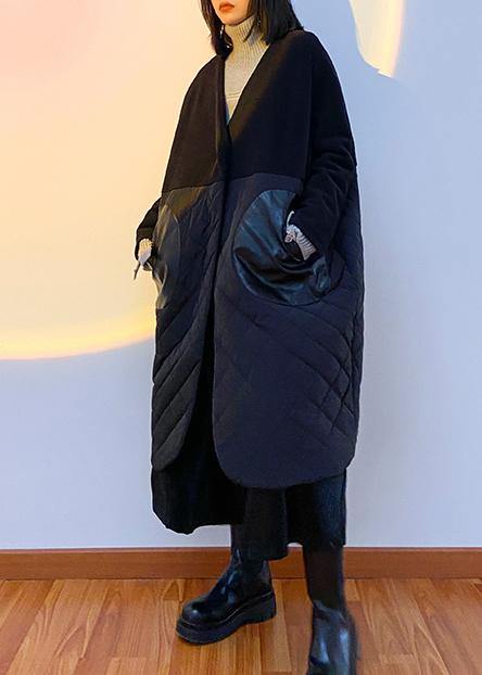 WW | schwarzer Übermantel Kleidung Daunenjacke V-Ausschnitt Patchwork Wintermäntel