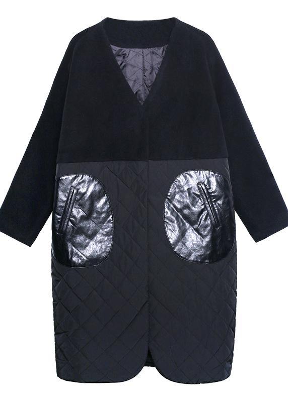 WW | schwarzer Übermantel Kleidung Daunenjacke V-Ausschnitt Patchwork Wintermäntel