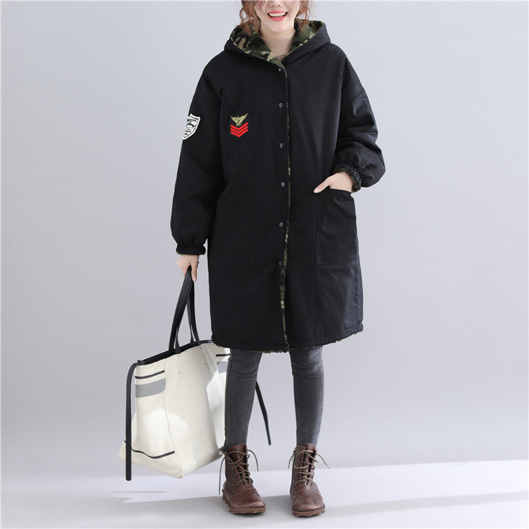WW | schwarze Winterparka in Übergrößen mit Kapuze, Schneejacken mit feinen Taschen, Wintermäntel