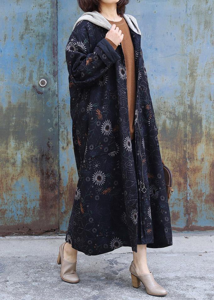 WW | Oversize Jackets & Coats Patchwork Hooded Coat Black Print Thick Casual Outfit