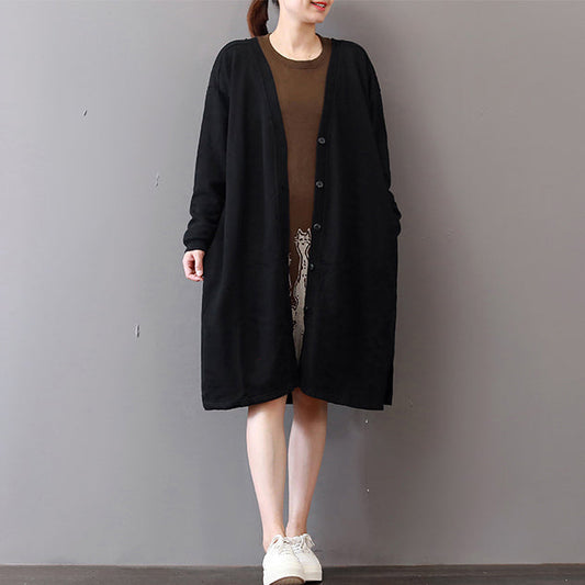 WW | schwarze Mäntel Übergrößen Drucke Maxikleid Boutique V-Ausschnitt lange Cardigans