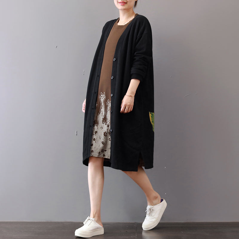 WW | Black Coats Plus Size Prints Maxi Dress Boutique V-Neck Long Cardigans