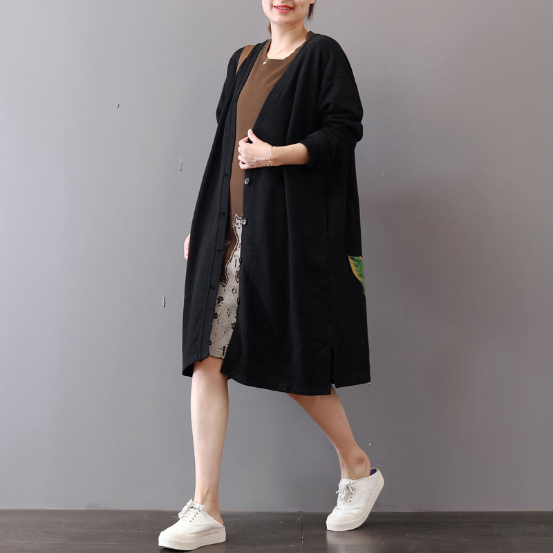 WW | schwarze Mäntel Übergrößen Drucke Maxikleid Boutique V-Ausschnitt lange Cardigans