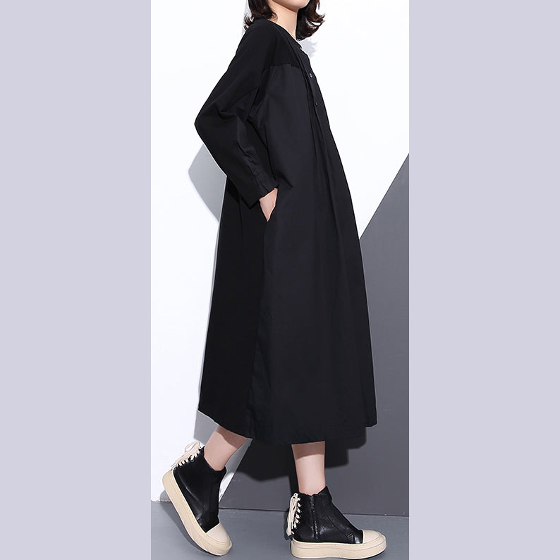 WW | Black Plus Size Coats Stand-Up Collar Pockets Patchwork Baggy Coat