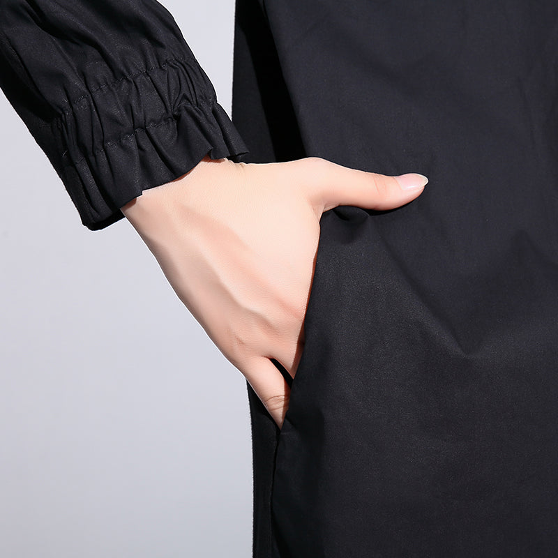 WW | Black Plus Size Coats Stand-Up Collar Pockets Patchwork Baggy Coat