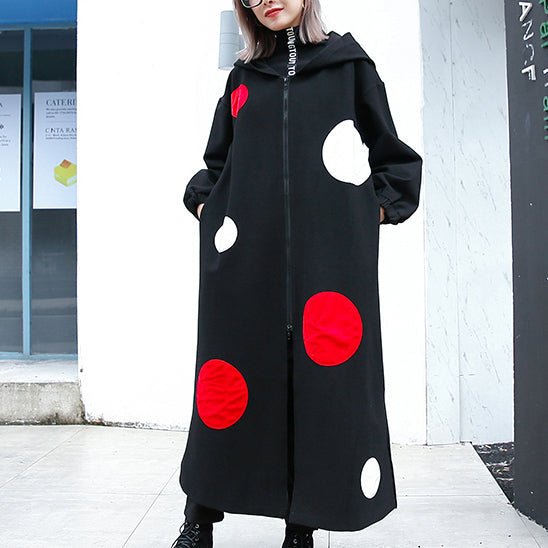 WW | black polka dot long coat oversized hooded maxi coat for women side open baggy coats