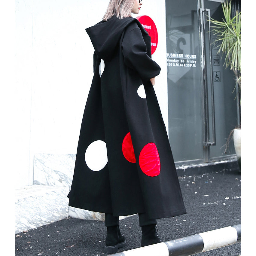 WW | black polka dot long coat oversized hooded maxi coat for women side open baggy coats