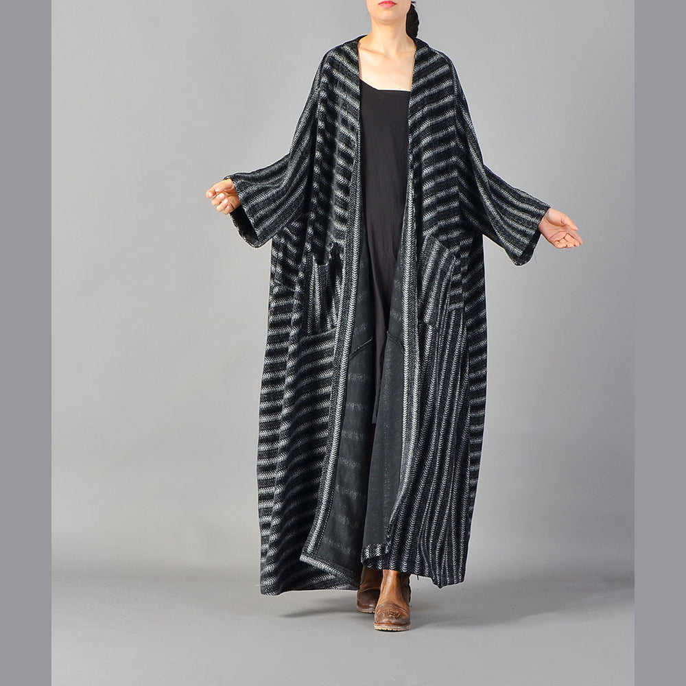 WW | Black Striped Maxi Coat Plus Size Pockets Long Overcoat Women's Large Hem Winter Coats