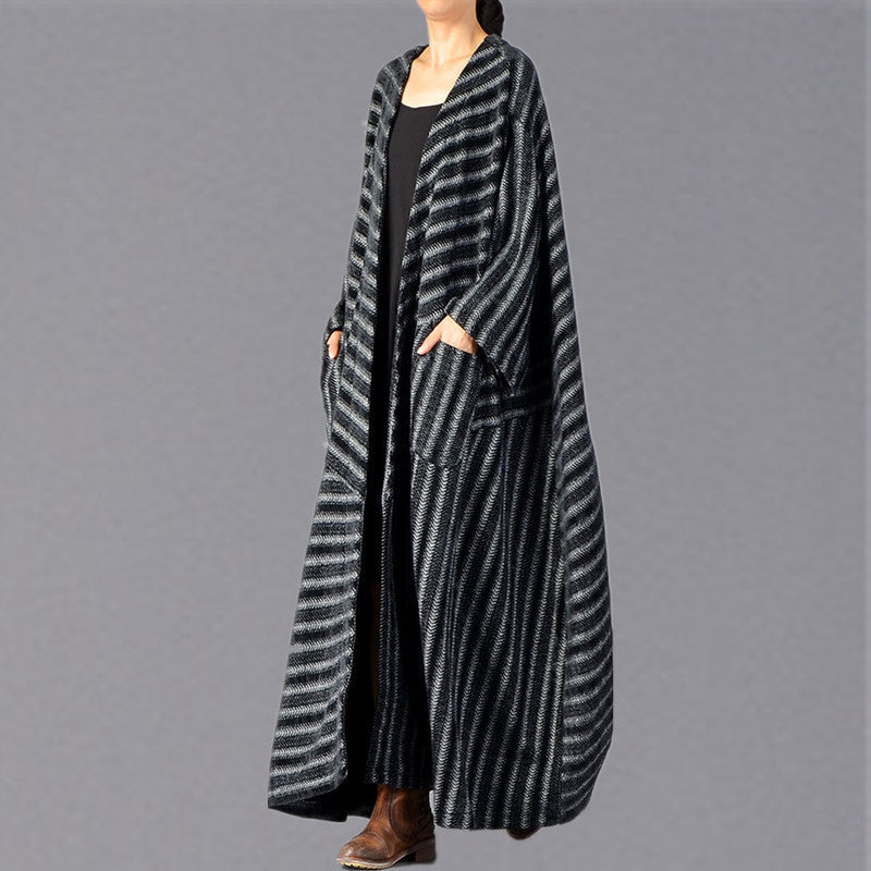 WW | Black Striped Maxi Coat Plus Size Pockets Long Overcoat Women's Large Hem Winter Coats
