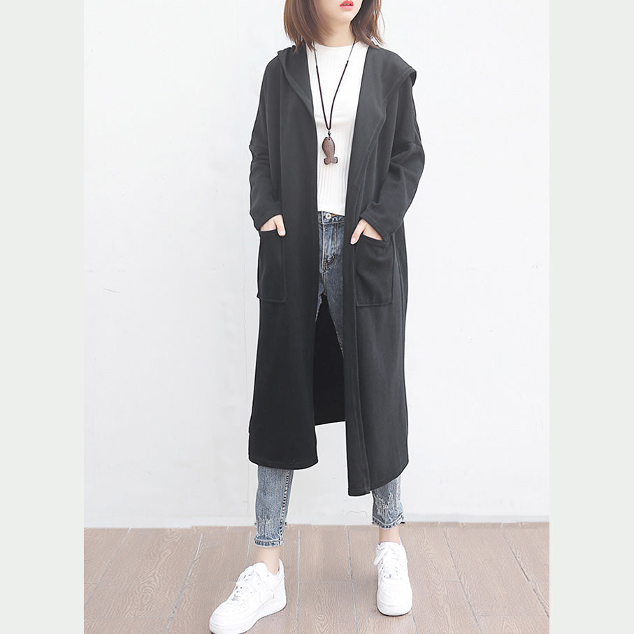 WW | Black Wool Outerwear Oversized Big Pockets Long Hooded Coats